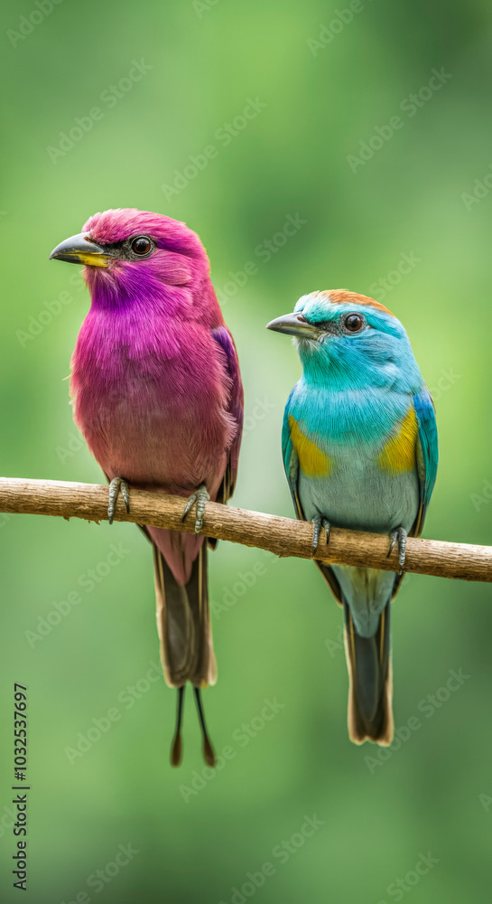 Fototapeta premium Vibrant pair of colorful birds perched on branch in lush greenery
