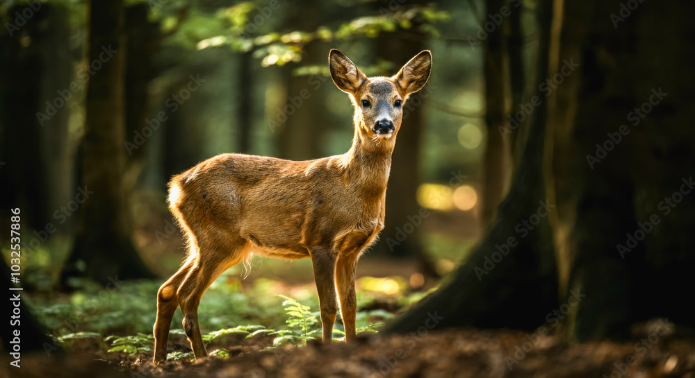 Fototapeta premium Young deer in serene forest setting ideal for nature and wildlife themes