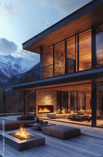 Modern mountain home with large windows and a cozy fire, surrounded by snowy ...