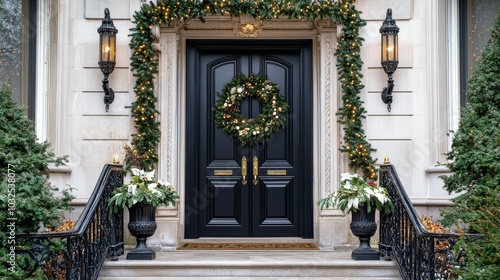 Festively decorated brownstone entrance adorned with wreaths and holiday ligh...