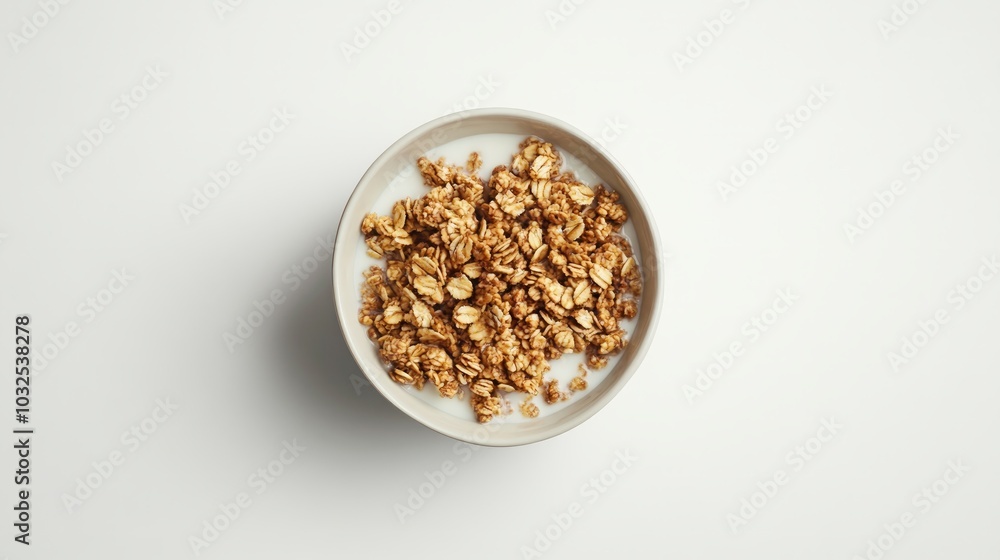 Top view of a bowl of granola with milk on a white background. Top view of a bowl of granola with milk on a white background.