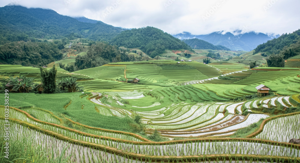Fototapeta premium Lush green terraced rice fields in misty mountain landscape