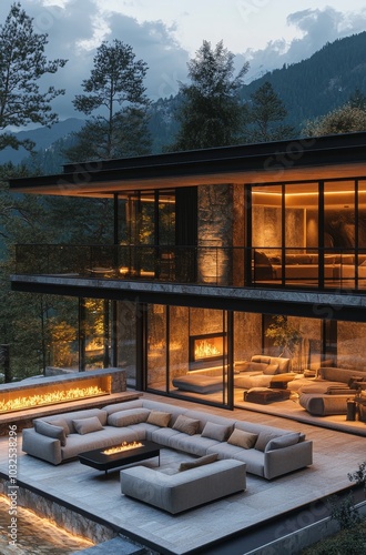 Modern mountain home with large windows and a cozy fire, surrounded by snowy ...