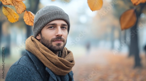 Man with a rugged look, wearing a beanie and scarf, standing outdoors in a misty park with trees and fallen leaves in the blurred background