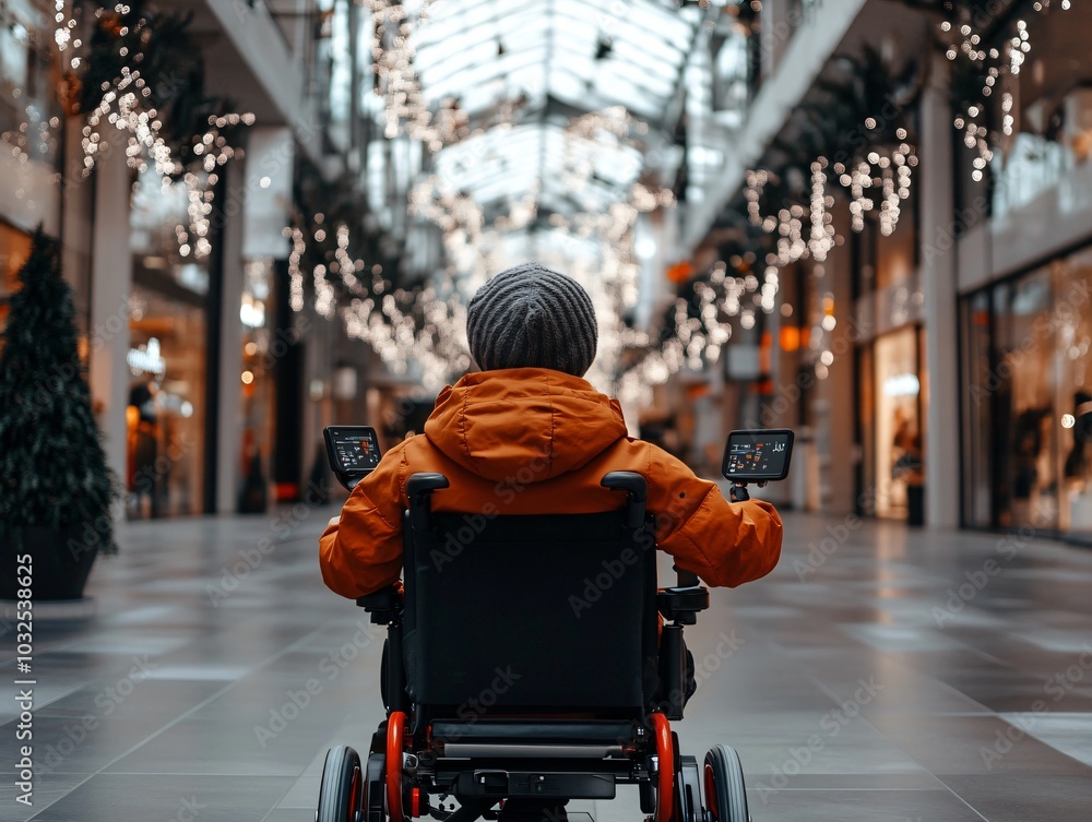 A person in a wheelchair is sitting in a mall A person in a wheelchair is sitting in a mall