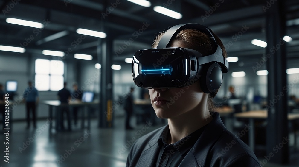 Woman Engaged in Virtual Reality Experience at Modern Office Woman Engaged in Virtual Reality Experience at Modern Office