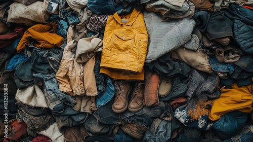 A heap of textiles and shoes for recycling promoting sustainability