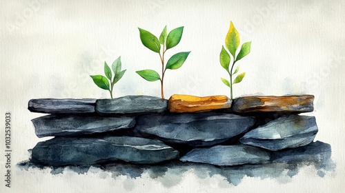 Green plants growing between stones, watercolor illustration on a white background.