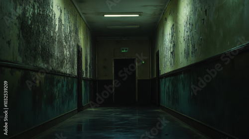 Dark, abandoned corridor with peeling paint leading to a mysterious door in an old, derelict building at night