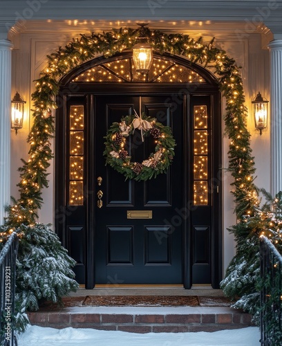 Elegant festive entrance with wreaths and glowing lights during the holiday s...