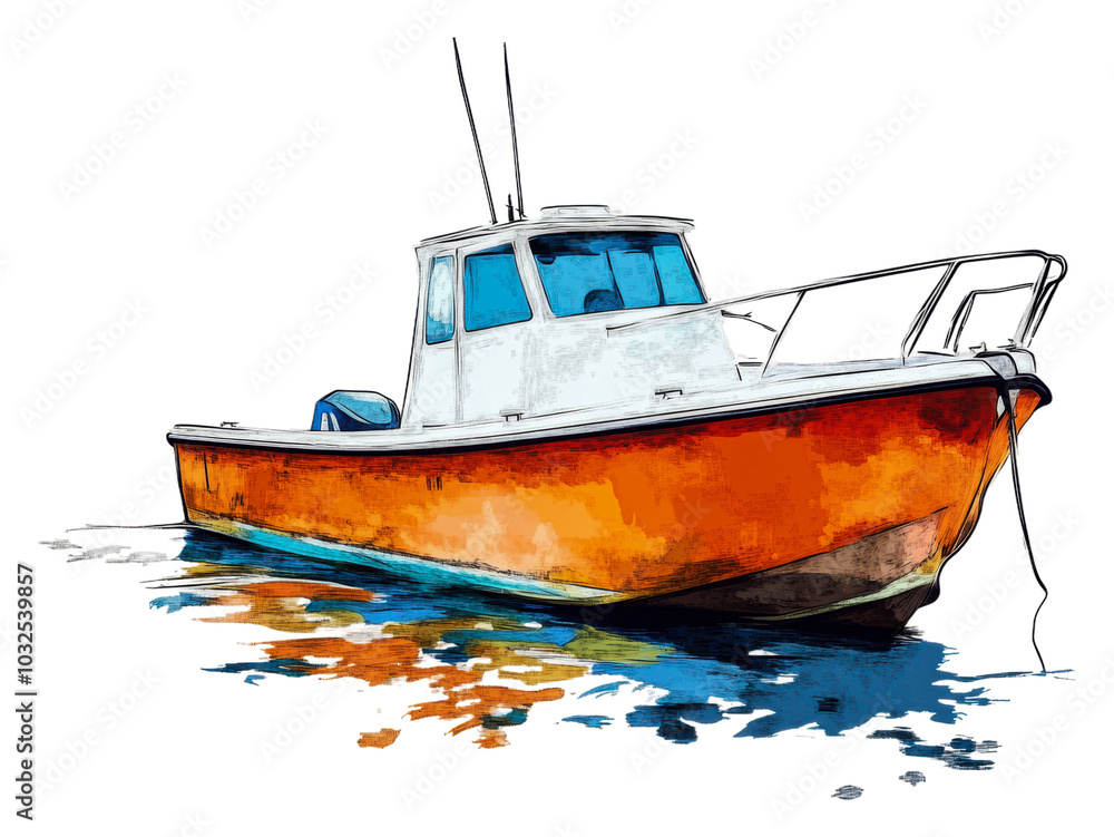 Orange boat on calm waters isolated on transparent background Orange boat on calm waters isolated on transparent background