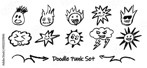 Set of doodle punk heads. Collection of vector black charcoal outline faces handdrawn humor emotions. Retro style wax pen drawn stick out tongue, mohawk hairstyle groovy fire head with dark sunglasses