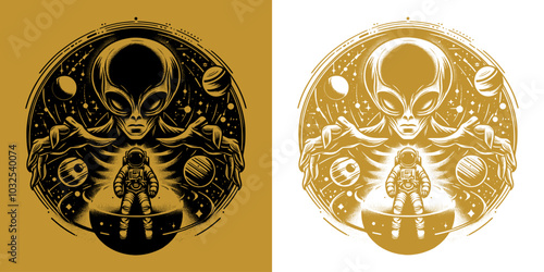 alien catch a planet and a astronaut design