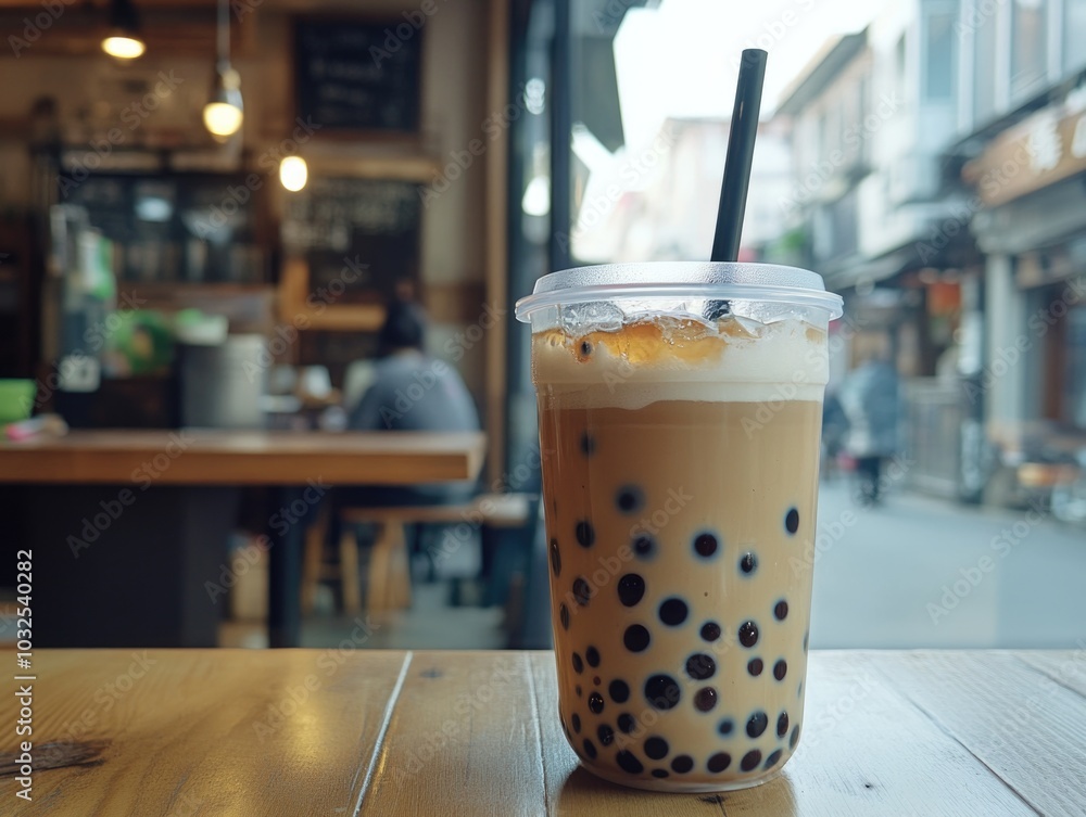 Bubble Tea Cup on Wooden Table Bubble Tea Cup on Wooden Table