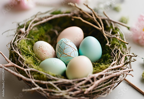 easter eggs in a nest with green moss