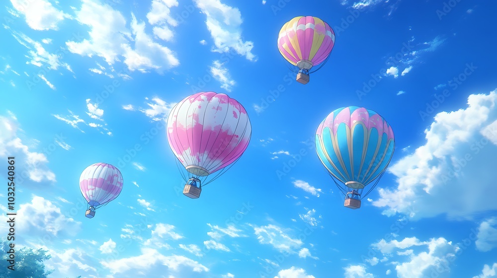 Naklejka premium Colorful Hot Air Balloons Floating Through a Blue Sky.