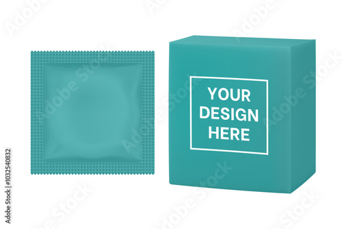 Teal green condom packaging mockup. Contraception method, safe love. Foil pouch and box	
