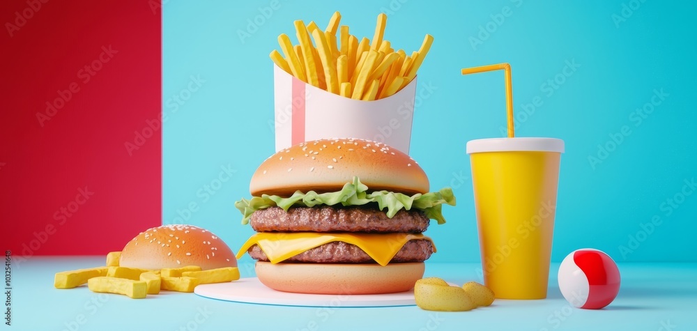A fantasy city filled with giant burgers, fries, and drinks, creating a whimsical and exaggerated take on fast food surrounded by bright, animated billboards A fantasy city filled with giant burgers, fries, and drinks, creating a whimsical and exaggerated take on fast food surrounded by bright, animated billboards