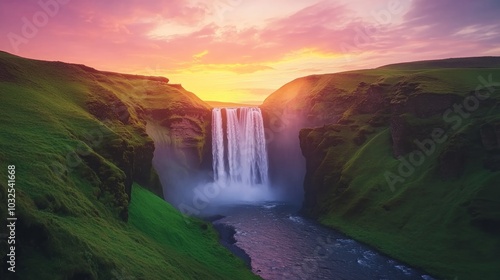 A stunning waterfall cascading into a serene river, surrounded by lush green hills at sunset.