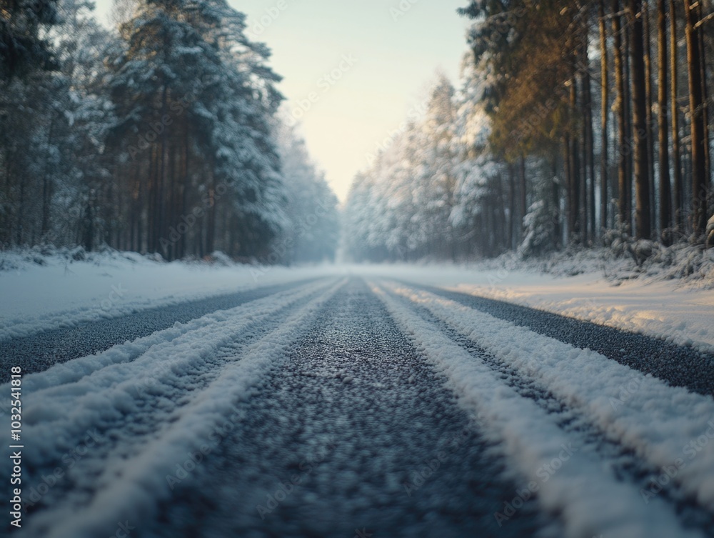 Obraz premium Snowy Road in a Forested Area, Empty