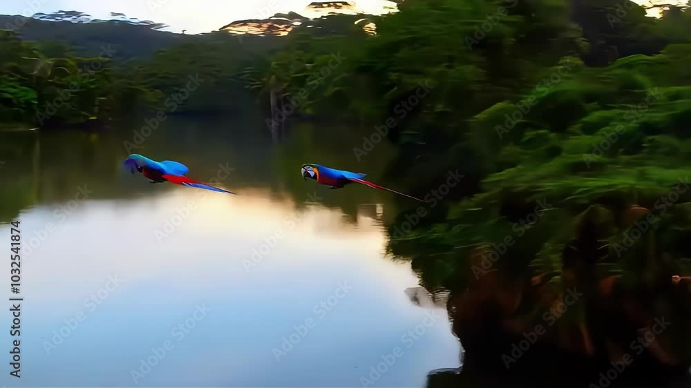Two vibrant macaws soaring over a serene river in a lush tropical setting. Two vibrant macaws soaring over a serene river in a lush tropical setting.