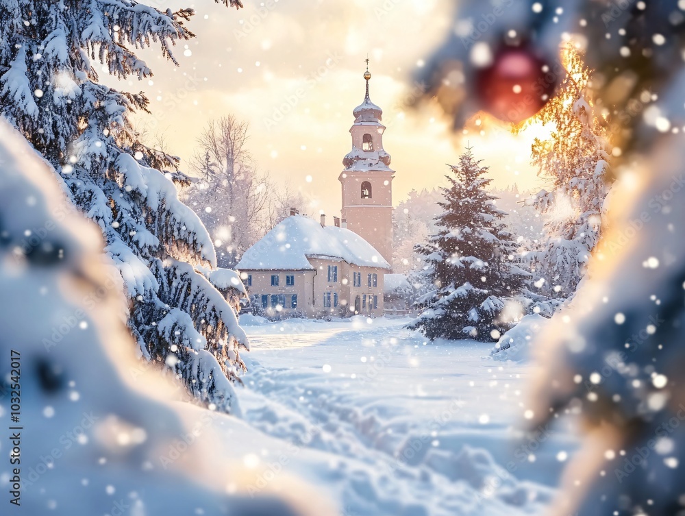 The scene is a winter wonderland with a church steeple peeking through the snow-laden branches of a pine tree The scene is bathed in the golden light of the setting The scene is a winter wonderland with a church steeple peeking through the snow-laden branches of a pine tree The scene is bathed in the golden light of the setting