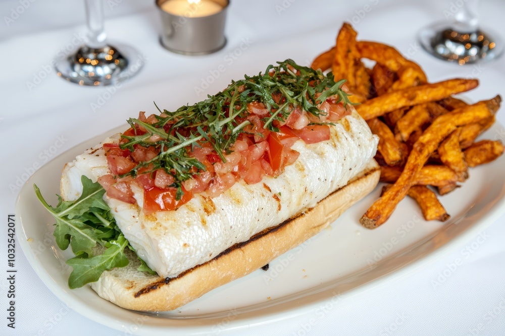 Gourmet grilled fish sandwich with arugula, tomatoes, and crispy baguette, served with sweet potato fries, highlighting a fresh and healthy lunch option Gourmet grilled fish sandwich with arugula, tomatoes, and crispy baguette, served with sweet potato fries, highlighting a fresh and healthy lunch option