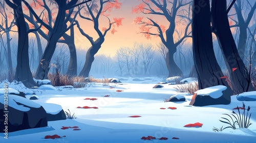Serene winter landscape with trees, snow, and fallen leaves under a soft sunset glow.