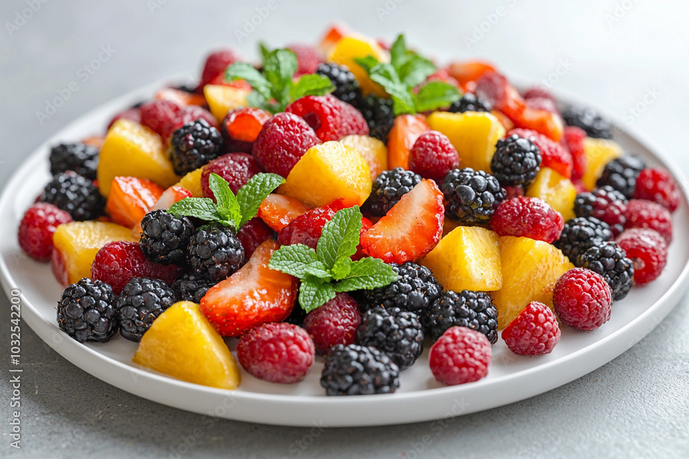 Obraz premium Fresh fruit salad featuring strawberries, raspberries, and mint leaves