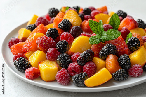 Fresh fruit salad featuring berries and melon on a white plate