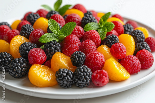 Colorful assorted fruits on a white plate garnished with mint