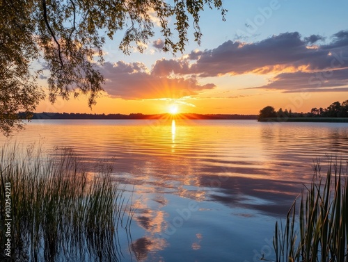 Fototapeta Naklejka Na Ścianę i Meble -  Sunset over calm lake