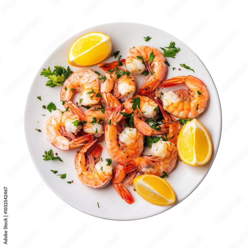 Freshly boiled shrimp served with lemon wedges and garnished with parsley on a clean background, boiled shrimp on transparent background Freshly boiled shrimp served with lemon wedges and garnished with parsley on a clean background, boiled shrimp on transparent background