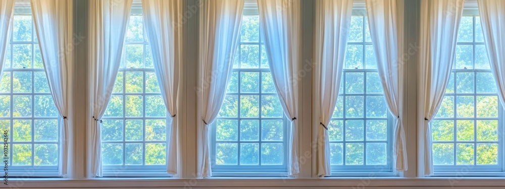 Flowing curtains in a row of identical open windows, creating a rhythmic pattern of light and movement. Flowing curtains in a row of identical open windows, creating a rhythmic pattern of light and movement.