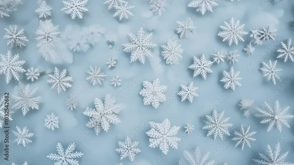 Delicate white snowflakes gently falling and covering a flat surface in a serene, soft atmosphere. Delicate white snowflakes gently falling and covering a flat surface in a serene, soft atmosphere.
