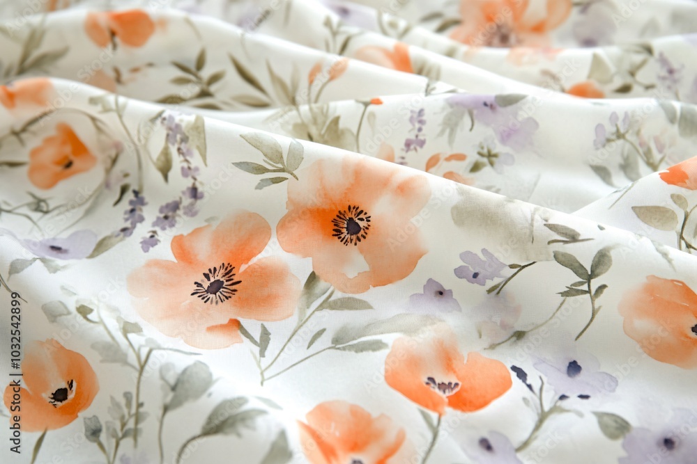 The image shows a close-up of a white fabric with a floral pattern The fabric is soft and delicate with a subtle texture The flowers are a pale peach color The image shows a close-up of a white fabric with a floral pattern The fabric is soft and delicate with a subtle texture The flowers are a pale peach color