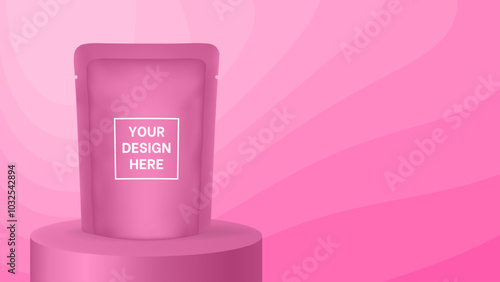 Pouch mockup on a pink podium or pedestal. Wavy pattern and gradient shades, dynamic curve shape. Vector illustration with editable colors. Product display. Foil bag, plastic sachet	