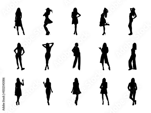 Set of Beautiful Fashion Girl Silhouette in various poses isolated on white background