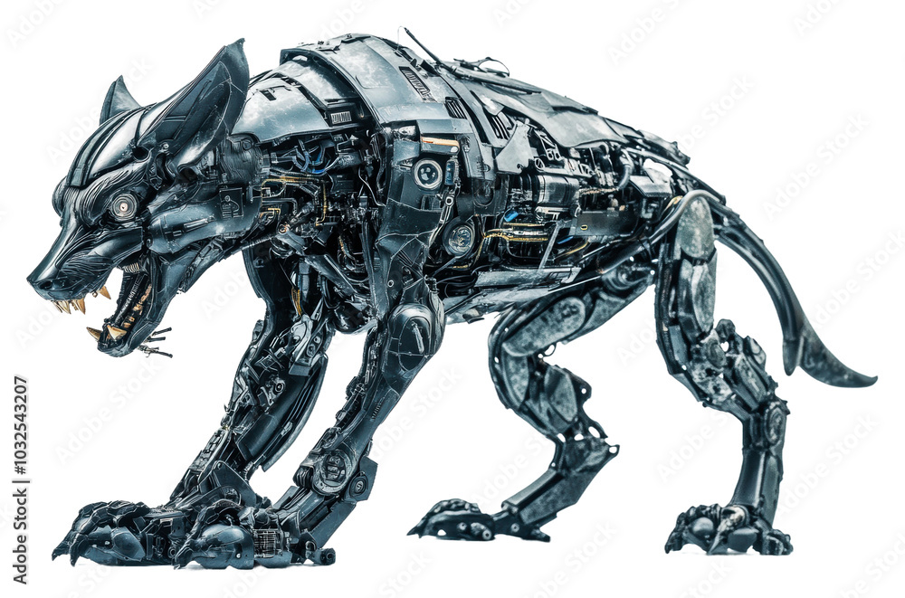 Fototapeta premium Futuristic robotic dog standing on all fours isolated on transparent background