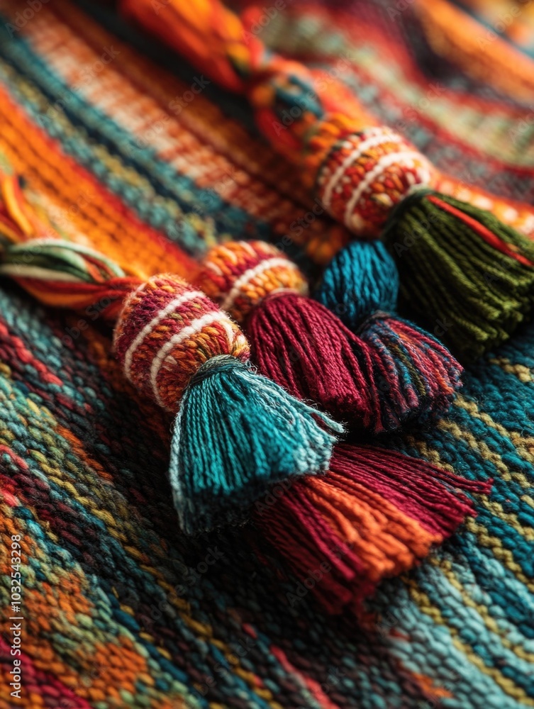 Multicolored Blanket with Tassels Close-Up Multicolored Blanket with Tassels Close-Up