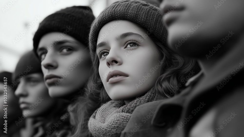 Obraz premium Young people in winter clothes attentively observing a gathering in an urban setting during a chilly afternoon