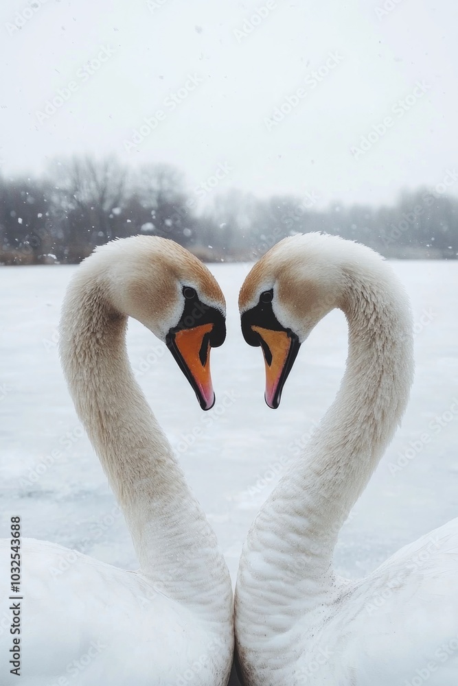 Obraz premium Swans forming heart shape in snow