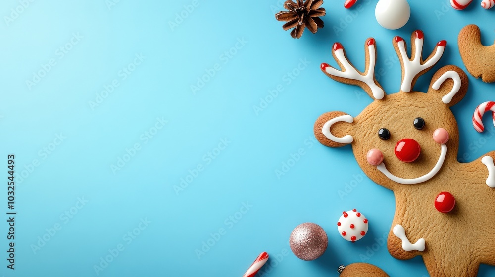Fototapeta premium A gingerbread man with red nose and white frosting is on a blue background