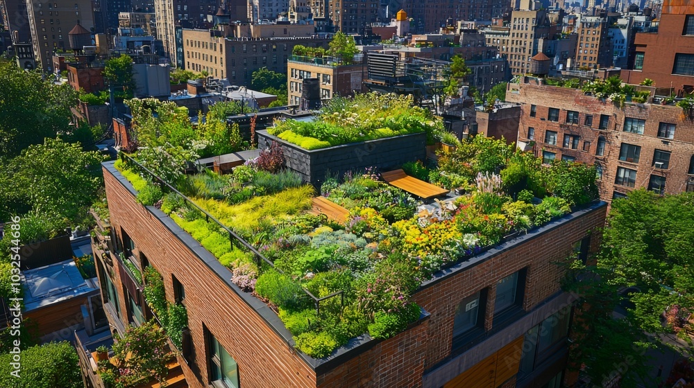 Fototapeta premium Rooftop garden in an urban setting, blending nature with architecture