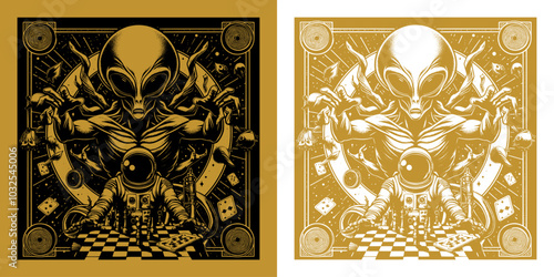 scary alien with astronaut playing a chess