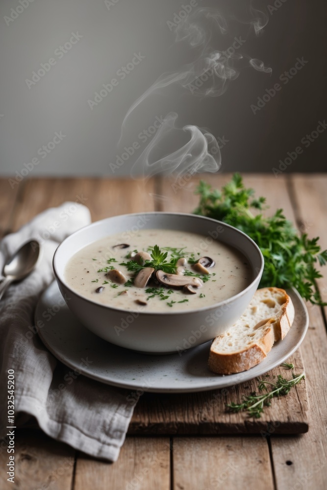 Mushroom Cream Soup with Toast and Fresh Herbs on Wooden Table. Mushroom Cream Soup with Toast and Fresh Herbs on Wooden Table.