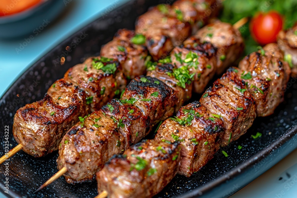 Close-up of Grilled Meat Skewers with Herbs on Black Plate Close-up of Grilled Meat Skewers with Herbs on Black Plate