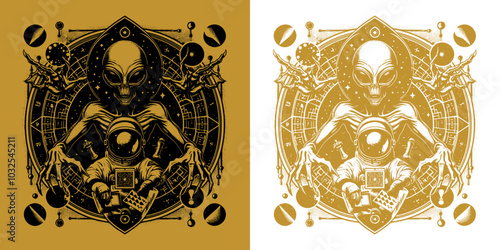 scary alien and a astronaut retro vintage design