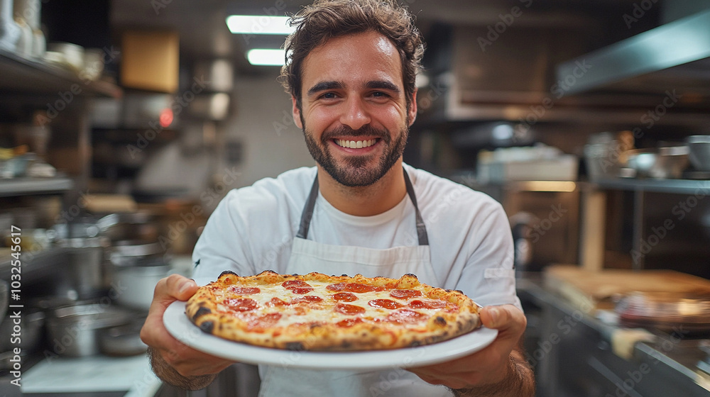 happy italian man holding pizza on plate in professional kitchen
happy italian man holding pizza on plate in professional kitchen