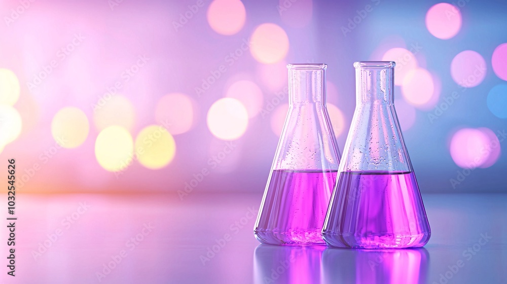Glowing Bubbling Mixture in Transparent Flask - Modern Chemical Lab with Neon Reflections and Swirling Vapor for Science and Research Glowing Bubbling Mixture in Transparent Flask - Modern Chemical Lab with Neon Reflections and Swirling Vapor for Science and Research